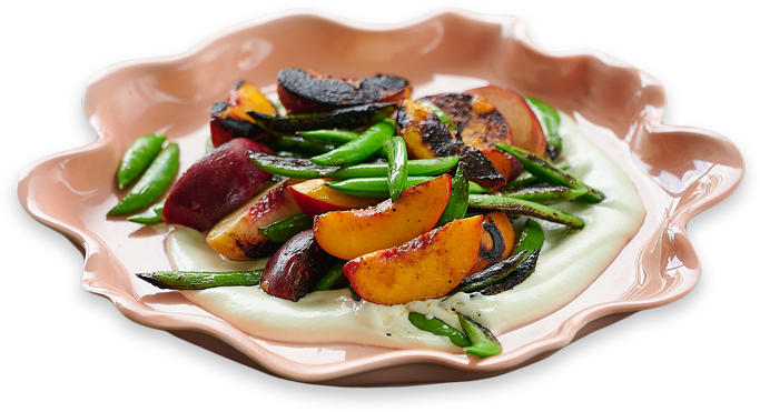 Char-Roasted Peaches & Sugar Snap Peas with Whipped Feta and Salsa Macha